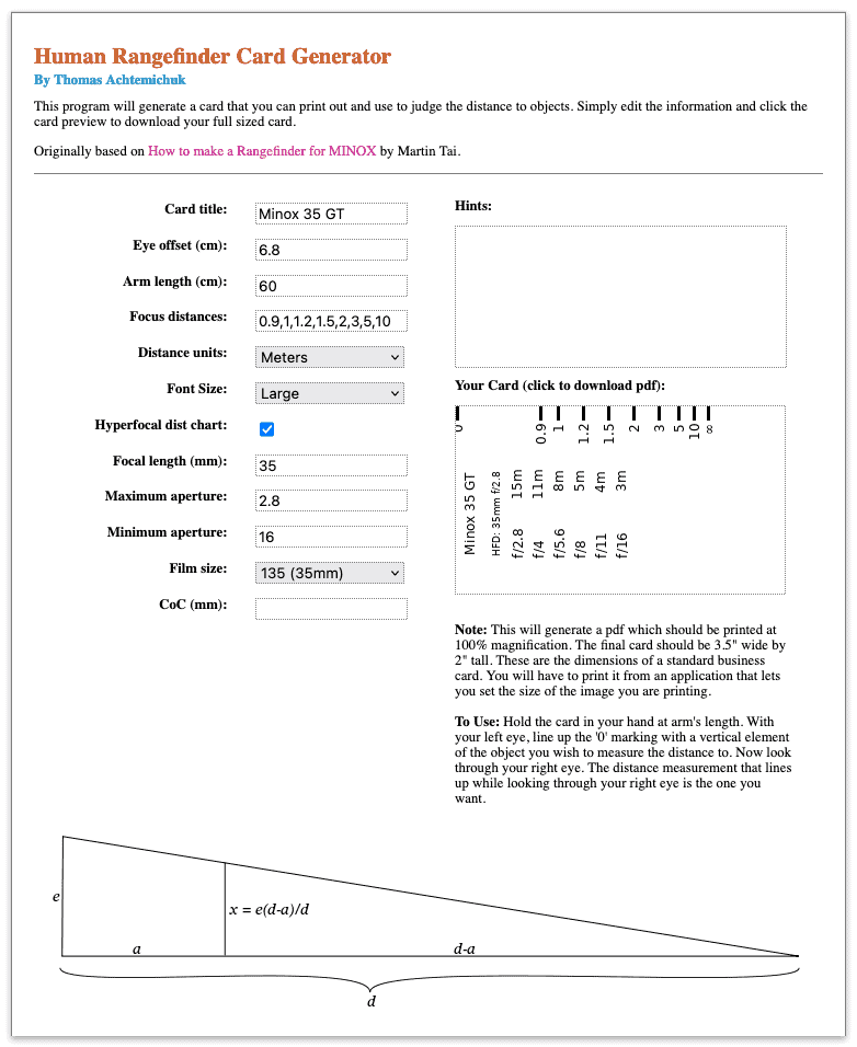 Screenshot des Generators für den Entfernungsmesser