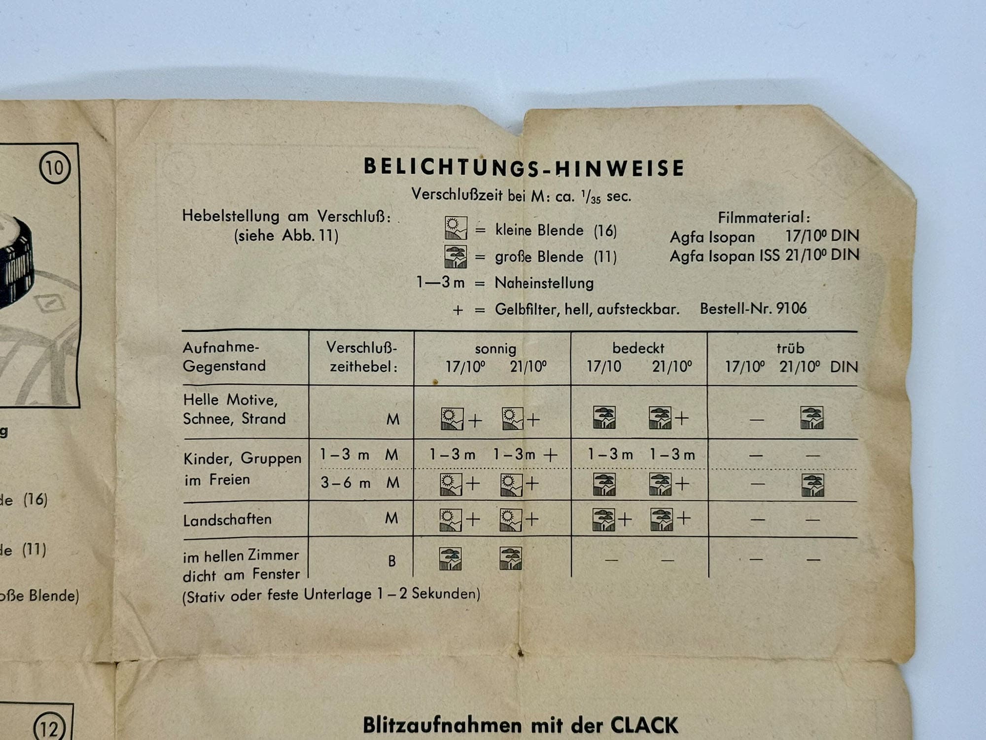 Bedienungsanleitung der Agfa Clack mit den Hinweisen für eine richtige Belichtung