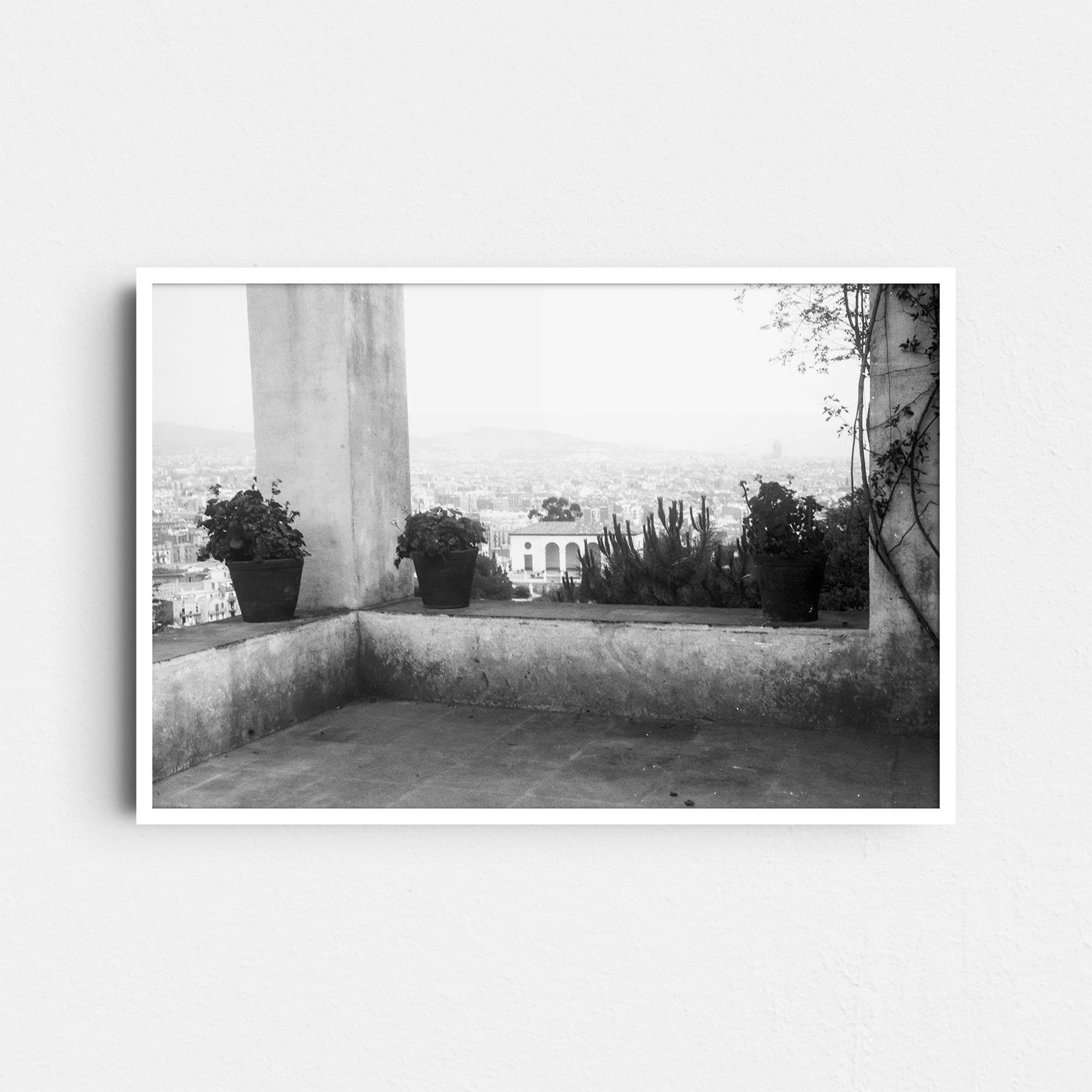 Dieses Schwarz-Weiß-Foto zeigt einen Ausblick auf Barcelona um das Jahr 1930, aufgenommen vom Montjuïc-Hügel aus. Der Vordergrund zeigt eine Terrasse mit Topfpflanzen, die einen rahmenden Blick auf die Stadtlandschaft im Hintergrund bieten. Die Szenerie erinnert an die Gärten Laribal, die für die Weltausstellung 1929 auf dem Montjuïc angelegt wurden.
Die architektonischen Elemente wie die Pfeiler und die Mauer spiegeln den Stil von Terrassen in dieser historischen Parkanlage wider.