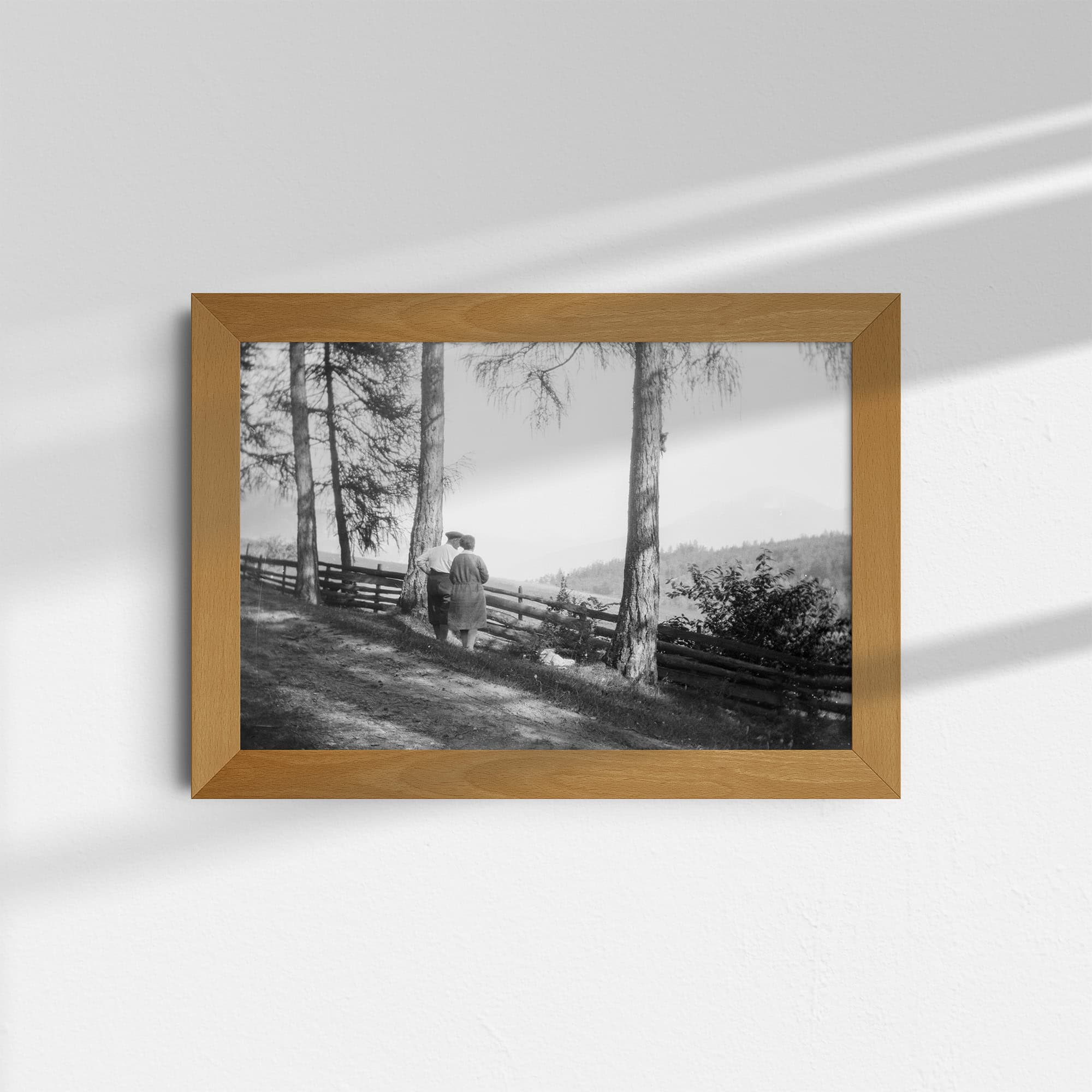 Diese historische Schwarz-Weiß Fotografie wurde in den Alpen aufgenommen. Im Vordergrund ist ein Holzzaun mit einer Reihe von Bäumen zu sehen, an dem ein Mann und eine Frau stehen. Sie schauen auf die Berge, die im Hintergrund zu sehen sind. Das Foto wurde um das Jahr 1930 aufgenommen.